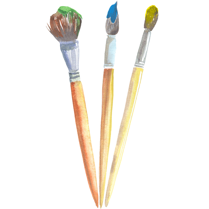 illustrations of brushes in green, blue and yellow for design